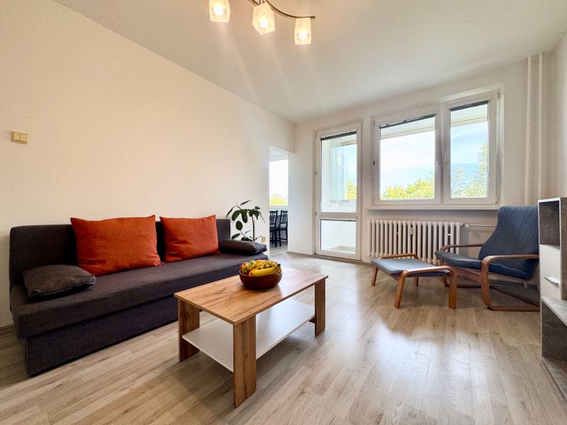 Wohnzimmer in einer 3-Zimmer-Wohnung mit Holzboden und einem bequemen Sofa.