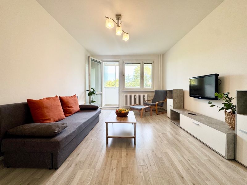 Wohnzimmer mit Holzboden, Sofa und Fernseher in einer 3-Zimmer-Wohnung.
