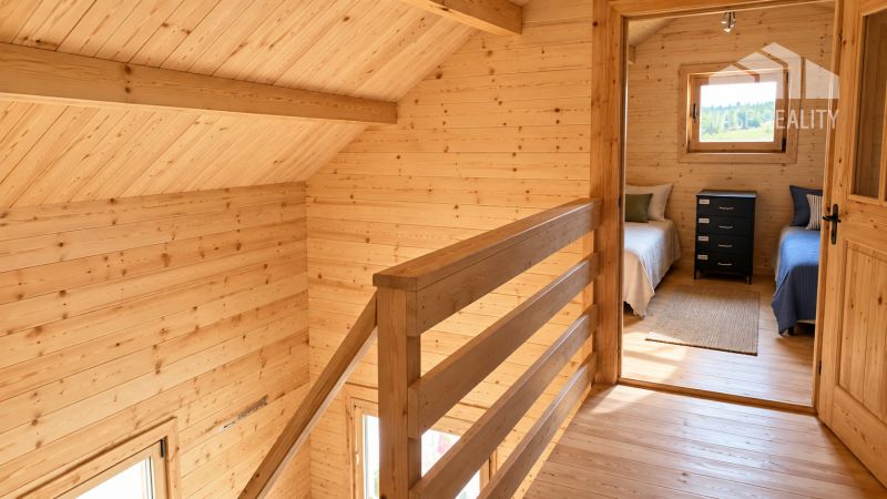 Das Innere der Hütte mit einem Boden in Holzoptik und zwei Betten im Zimmer.