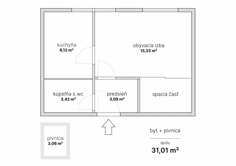 Grundriss einer Einzimmerwohnung mit Küche, Wohnzimmer, Badezimmer und Keller.