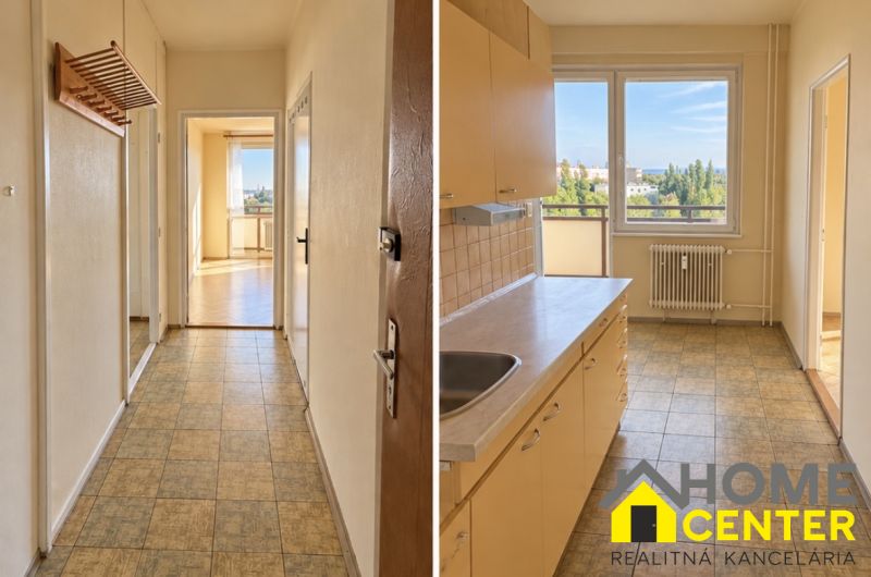 Flur und Küche in einer 2-Zimmer-Wohnung mit Aussicht, Boden mit Holzdekor.