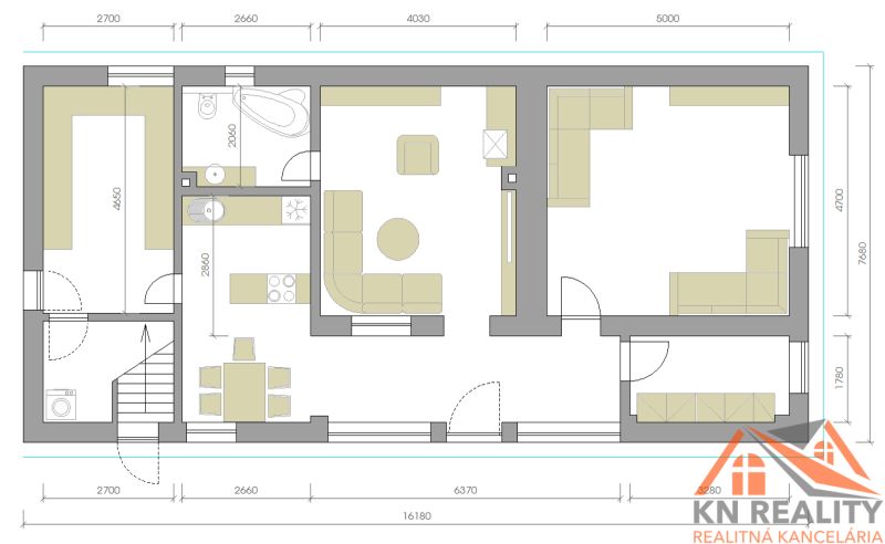 Grundriss eines Einfamilienhauses mit der Anordnung von Zimmern, Küche und Badezimmer.