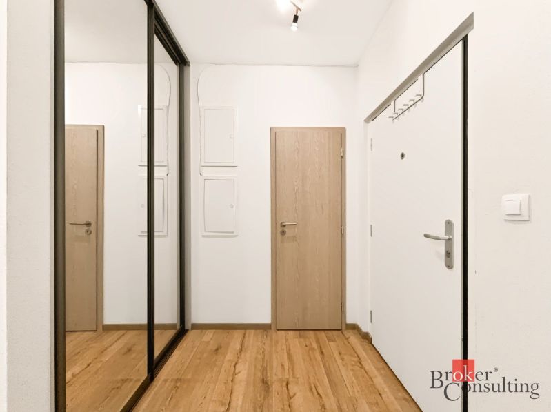 Eingangsflur mit Holzboden und Spiegelschränken in einer 2-Zimmer-Wohnung.