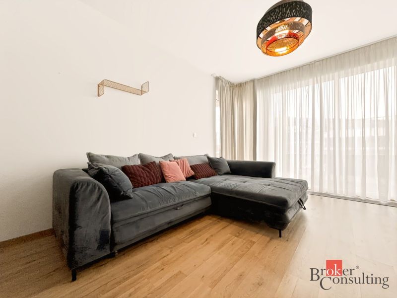 Wohnzimmer in einer 2-Zimmer-Wohnung mit einer Eckcouch und einem Boden in Holzoptik.