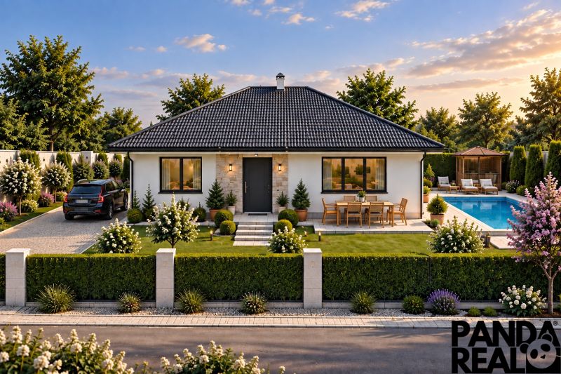 Einfamilienhaus mit Garage und Pool in Čermany, umgeben von einem gepflegten Garten. Grundstücke - Wohnen.