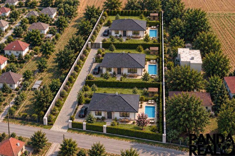 Luftaufnahme von drei Einfamilienhäusern mit Pools in Čermany für Grundstücke - Wohnen.