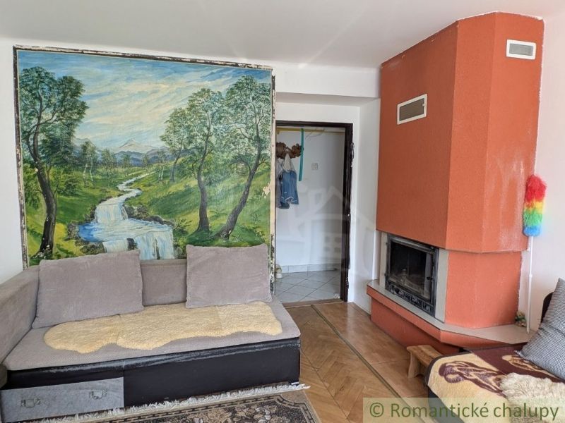 Wohnzimmer in einer Zweizimmerwohnung mit Landschaftsgemälde, Kamin und Sofa.