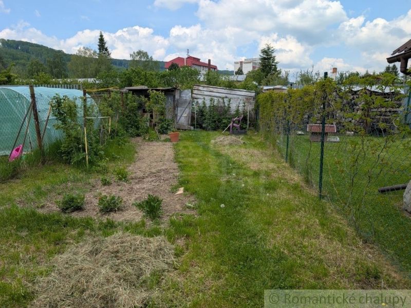 Ein Garten mit Rasen und einem Folientunnel in der Umgebung von Medzilaborce, umgeben von Holzbauten.