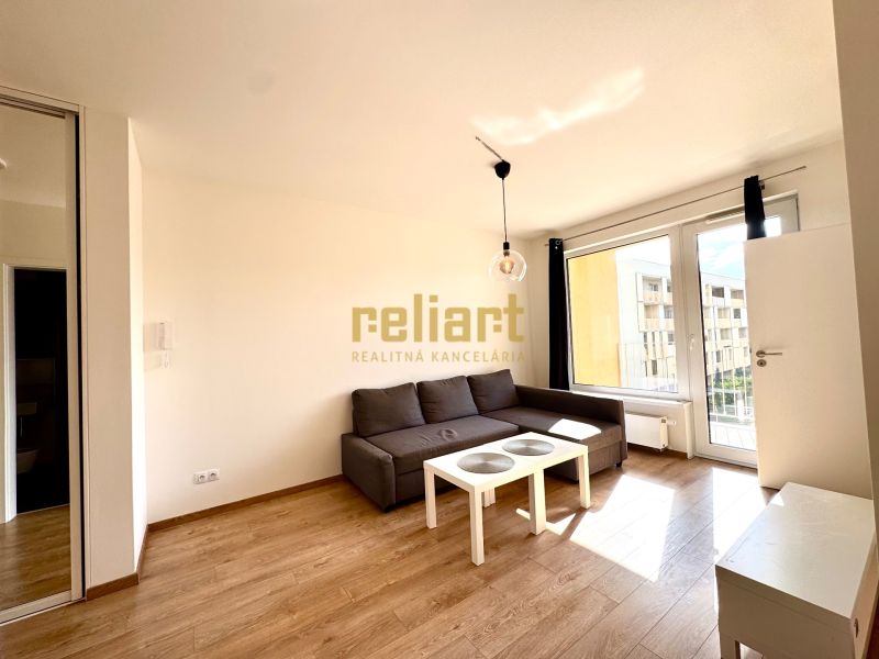 Wohnzimmer in einer Zweizimmerwohnung mit grauem Sofa und Boden in Holzoptik.