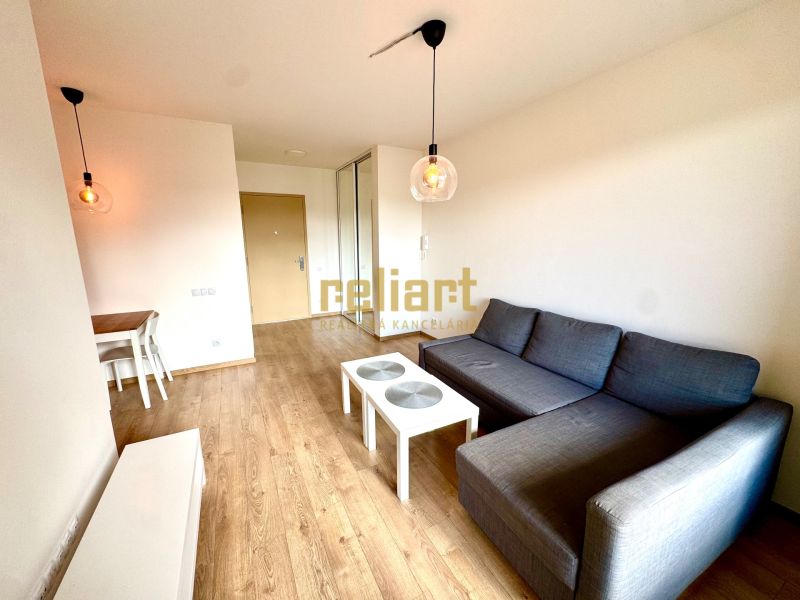 Wohnzimmer einer Zweizimmerwohnung, graues Sofa, Boden mit Holzdekor, zwei Kronleuchter.