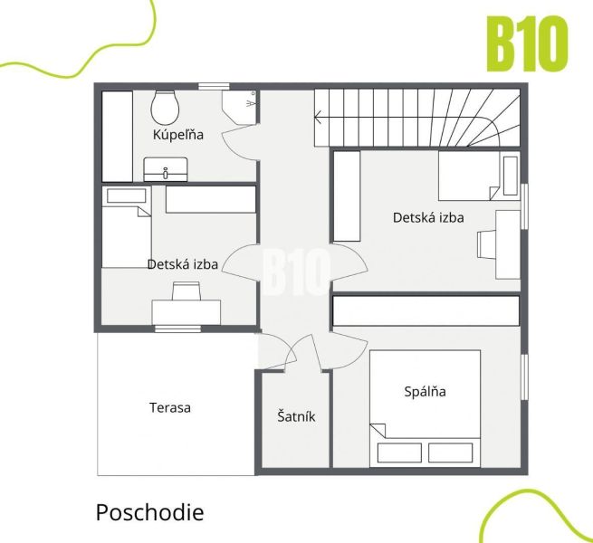 Grundriss des Obergeschosses eines Einfamilienhauses mit Schlafzimmer, Kinderzimmern, Badezimmer und Terrasse.
