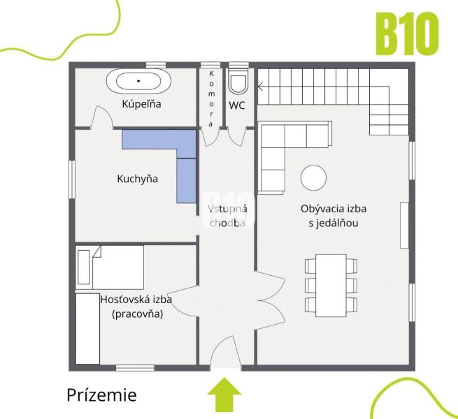 Grundriss des Erdgeschosses eines Einfamilienhauses: Wohnzimmer mit Essbereich, Küche, Badezimmer, Zimmer.