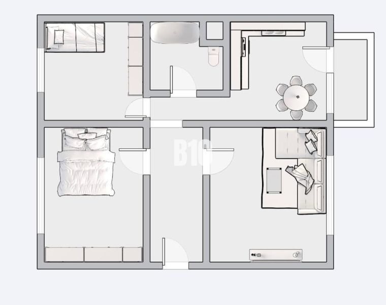 Grundriss einer 3-Zimmer-Wohnung mit Badezimmer, Küche, Schlafzimmer und Wohnzimmer.