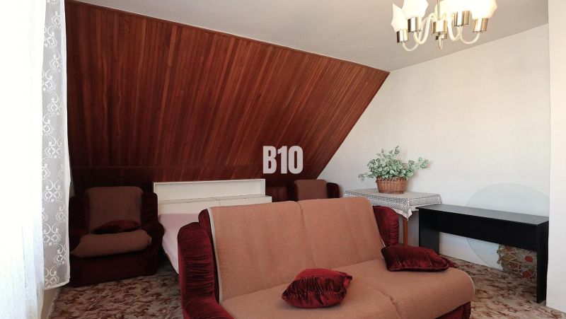 Ein Zimmer mit einem beigen Sofa, Holzvertäfelung, dekorativem Grün in einem Einfamilienhaus.