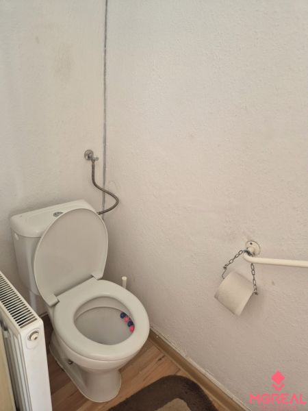 Toilette in einem Einfamilienhaus mit einem Boden in Holzoptik.