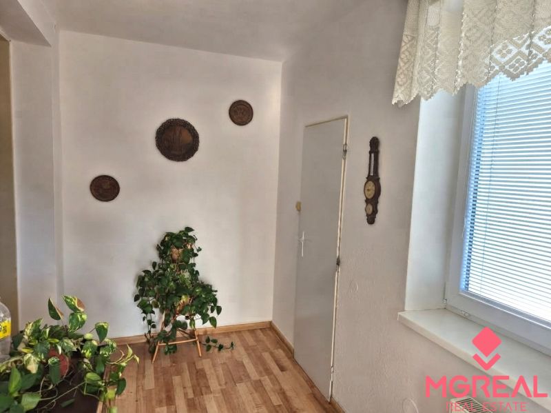 Innenraum eines Einfamilienhauses, Boden mit Holzdekor, Pflanzen und Dekorationen an der Wand.