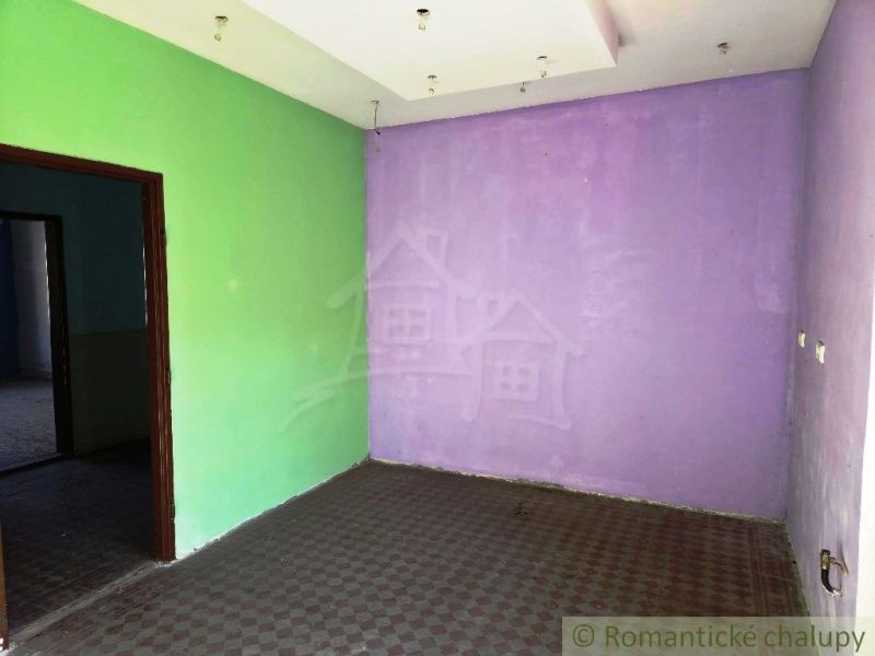 Lila und grüne Wand in Geschäftsräumen mit Holzboden.