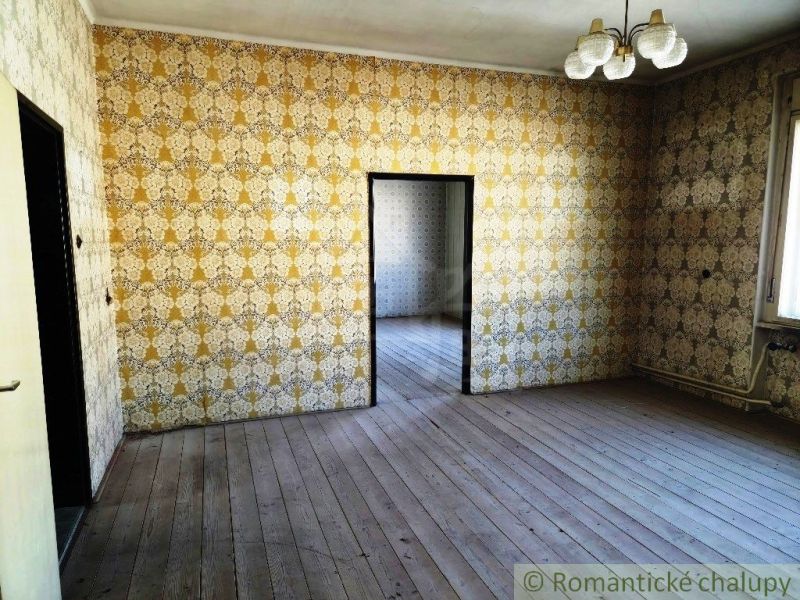 Ein Raum mit einem Holzboden und Retro-Tapeten in Geschäftsräumen.