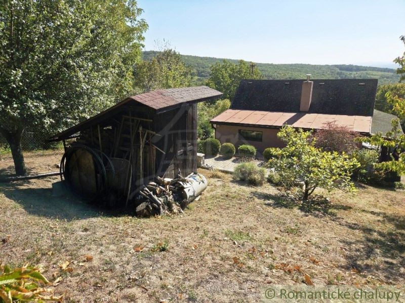 Gartenhütte in Modrý Kameň mit einem Holzunterstand zwischen Bäumen und Sträuchern.