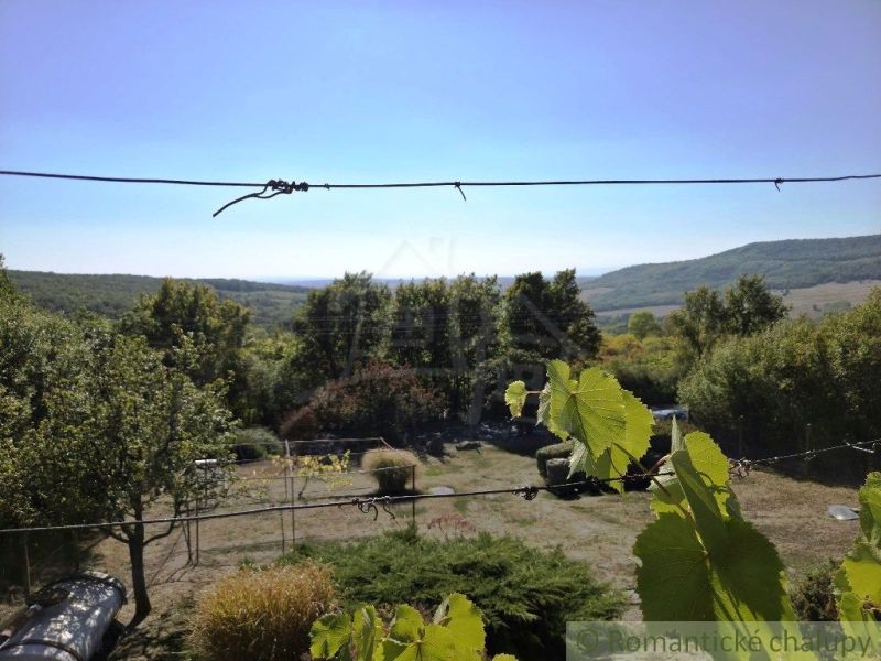 Der Blick von der Hütte in Modrý Kameň, umgeben von Grün und Hügeln im Hintergrund.