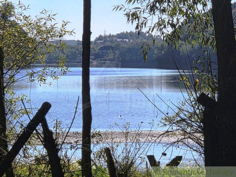 Blick auf den See zwischen den Bäumen in den Gärten in Krupina.