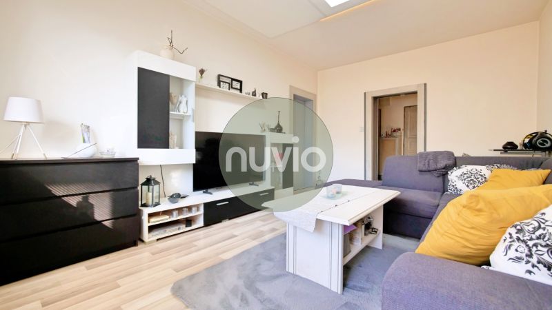 Wohnzimmer in einer 2-Zimmer-Wohnung mit Sofa, Dekoren und Holzboden.