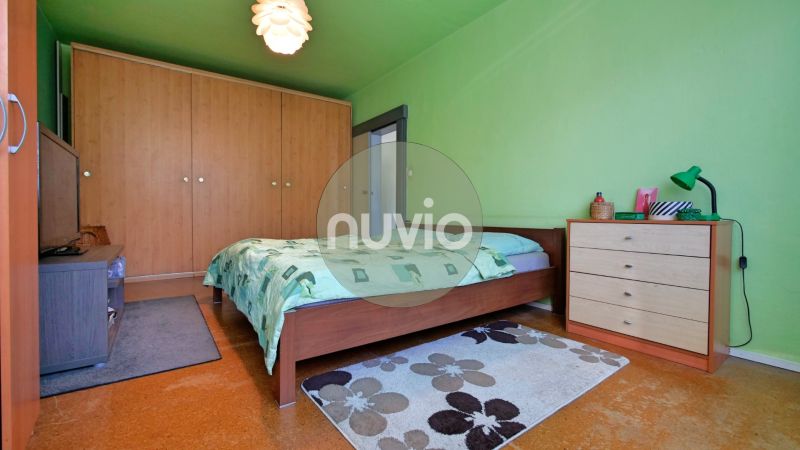 Grünes Schlafzimmer in einer Zweizimmerwohnung mit Doppelbett, Kleiderschrank und Teppich.