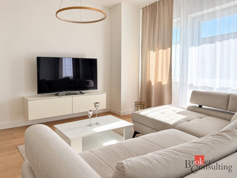 Helles Wohnzimmer mit Sofa, Fernseher und Holzboden in einer Einzimmerwohnung.